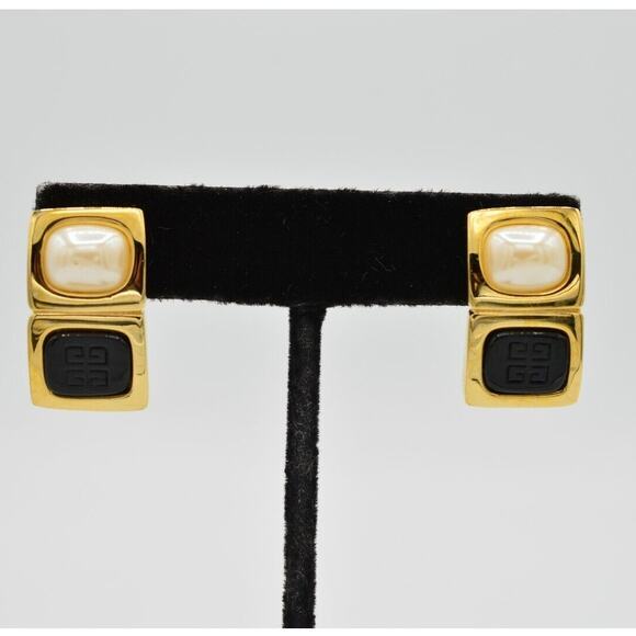 Givenchy Vintage 4G Logo Clip On Earrings Gold Black Pearl Signed 80s 1980s BinC - Picture 1 of 10